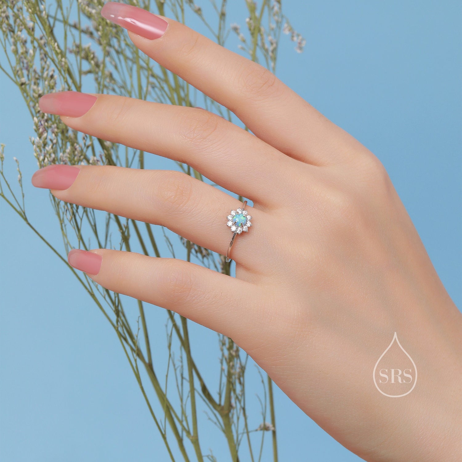 Round Cut Blue Opal Flower Halo Ring