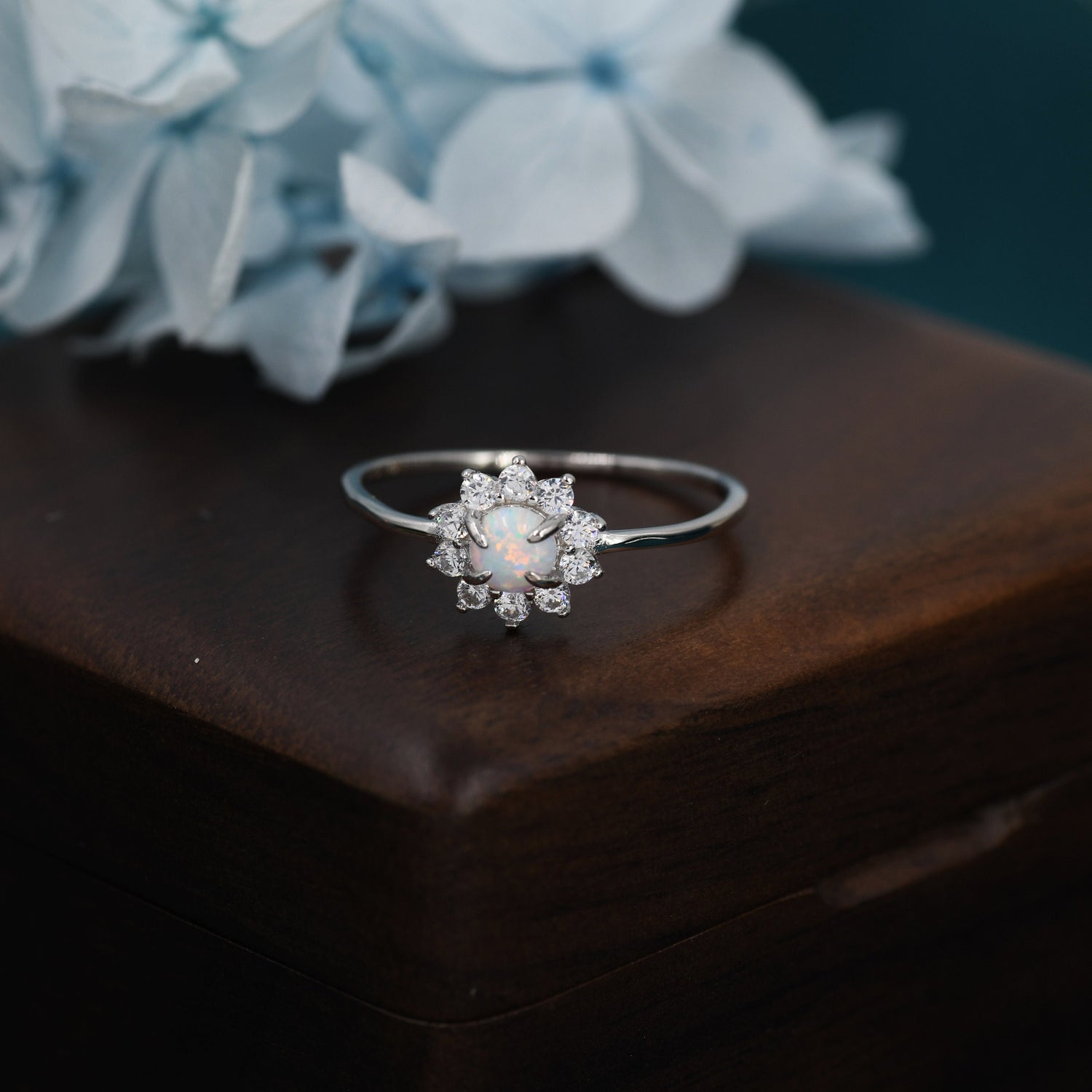 Round Cut White Fire Opal Halo Ring