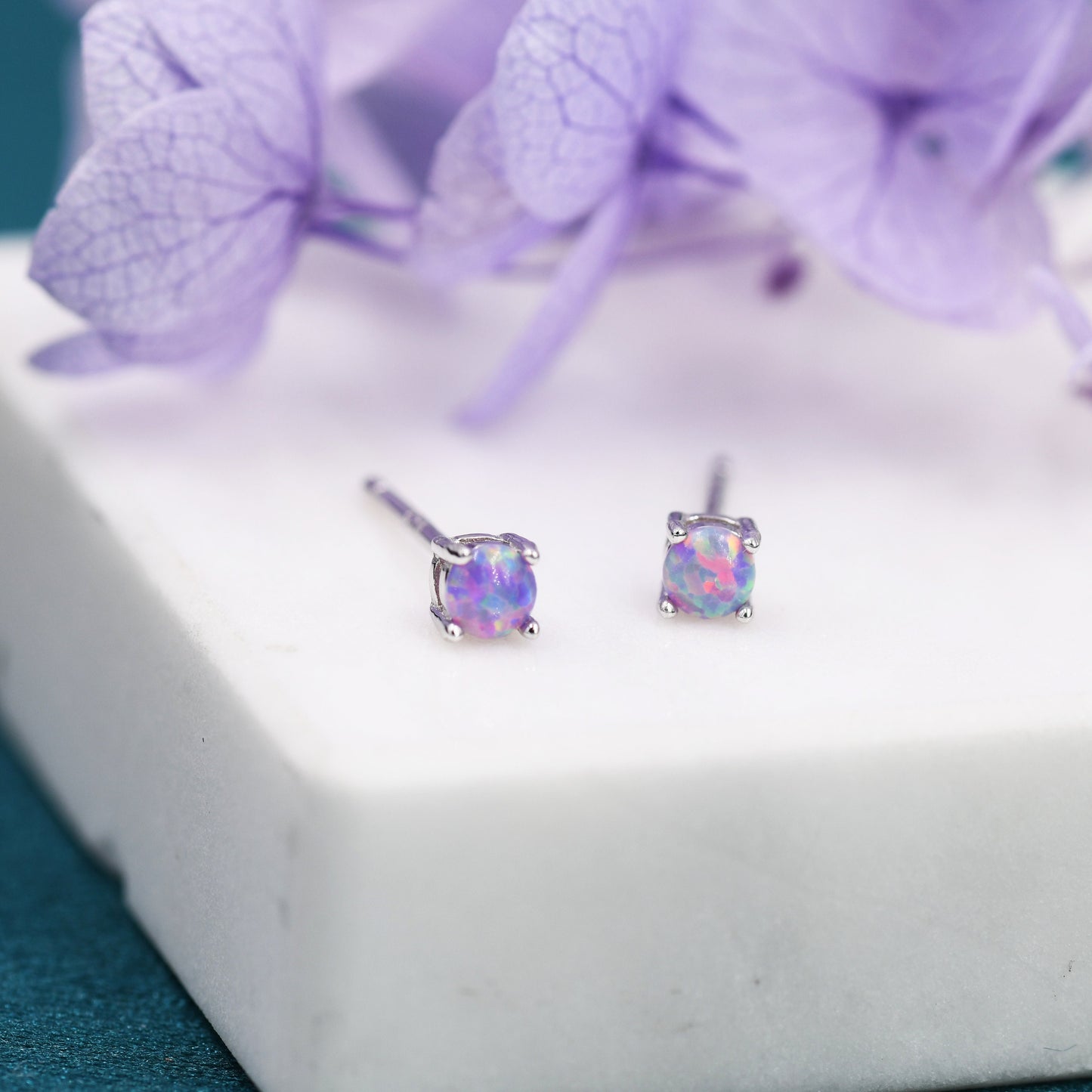 Cosmic Dust Purple Opal Stud Earrings in Sterling Silver, 3mm, 4mm and 5mm Simulated Opal, Purple Opal Stud Earrings