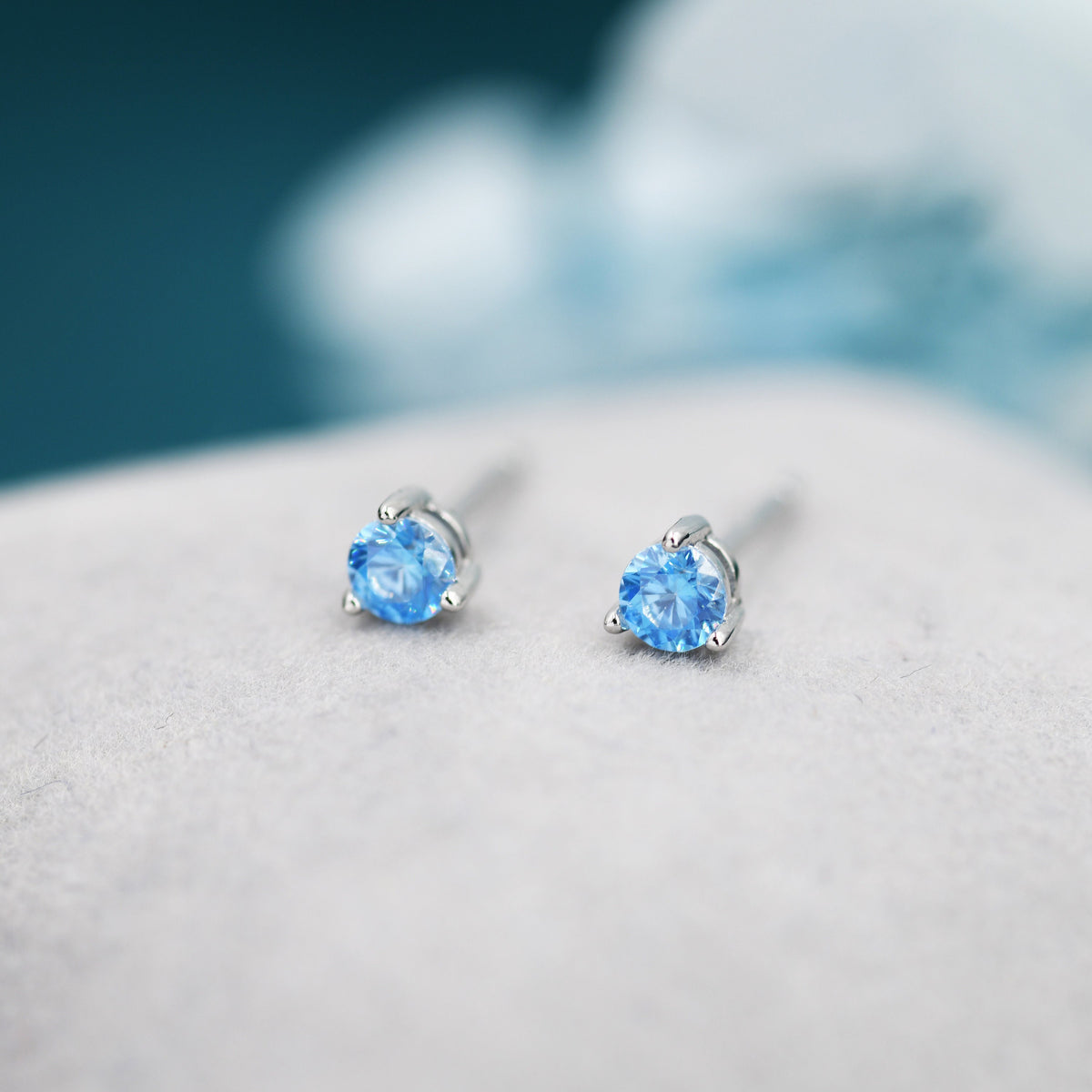 Aquamarine Blue CZ Stud Earrings in Sterling Silver, 3mm, Three Prong, Blue Stacking Earrings