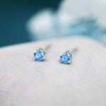 Aquamarine Blue CZ Stud Earrings in Sterling Silver, 3mm, Three Prong, Blue Stacking Earrings