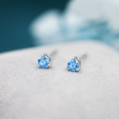 Aquamarine Blue CZ Stud Earrings in Sterling Silver,  3mm, Three Prong, Blue Stacking Earrings