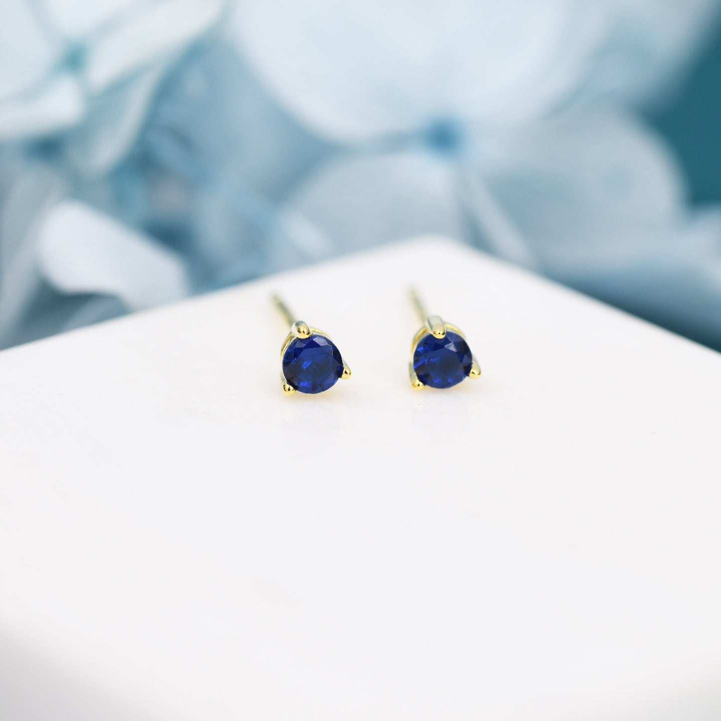 Sapphire Blue CZ Stud Earrings in Sterling Silver, Silver or Gold, 3mm, Three Prong, Blue Stacking Earrings, September Birthstone