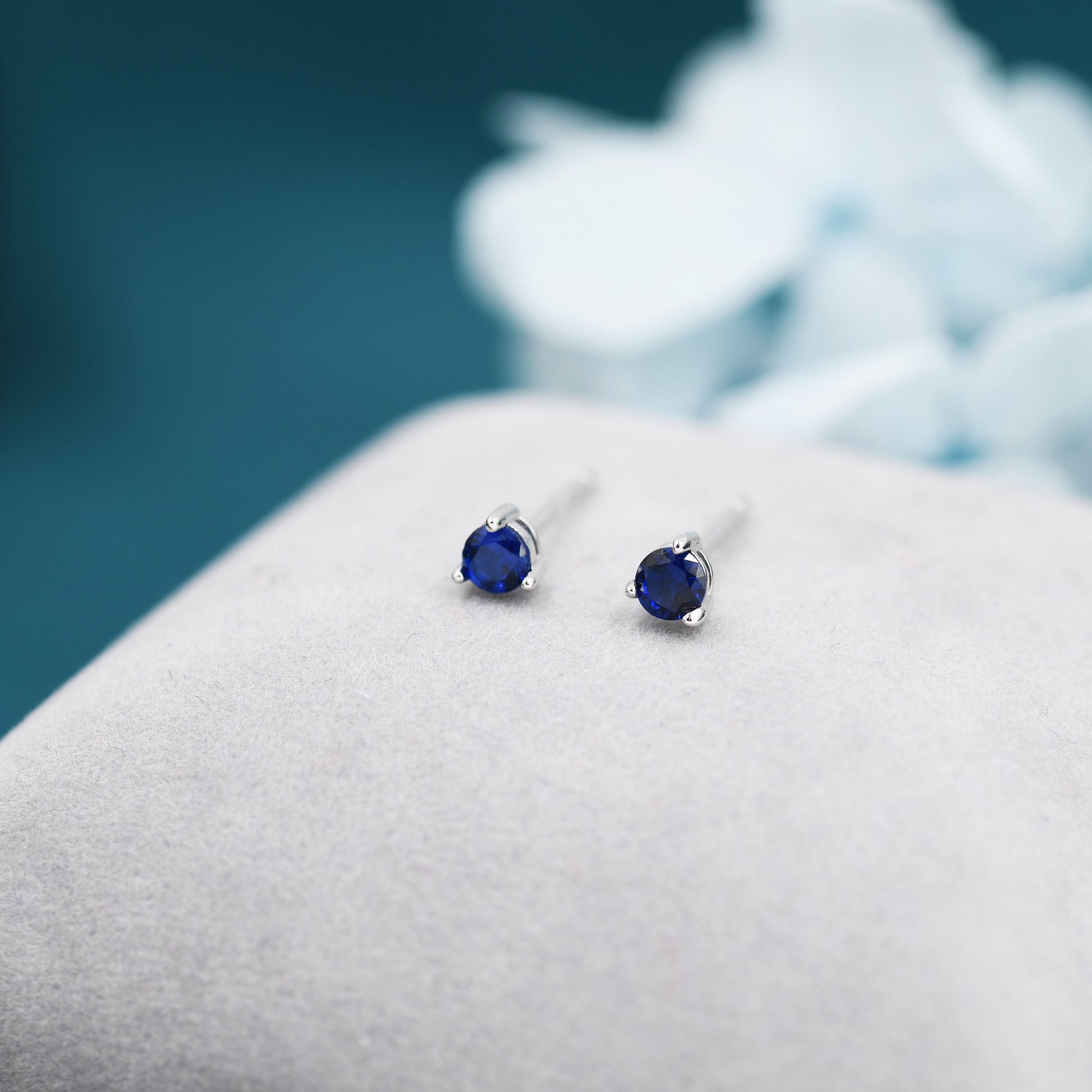 Sapphire Blue CZ Stud Earrings in Sterling Silver, Silver or Gold, 3mm, Three Prong, Blue Stacking Earrings, September Birthstone
