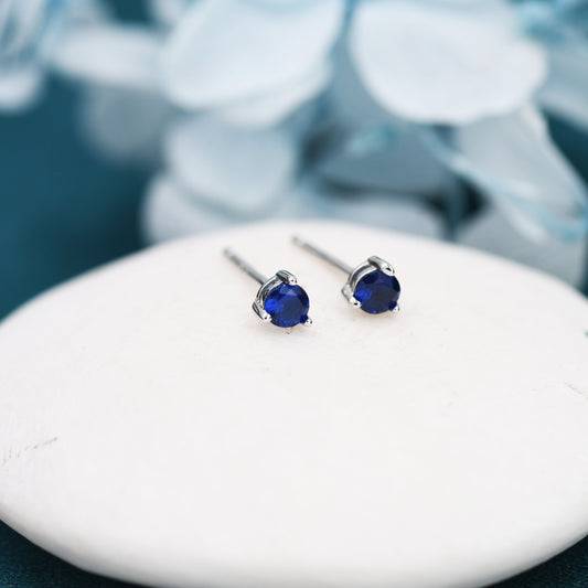 Sapphire Blue CZ Stud Earrings in Sterling Silver, Silver or Gold, 3mm, Three Prong, Blue Stacking Earrings, September Birthstone