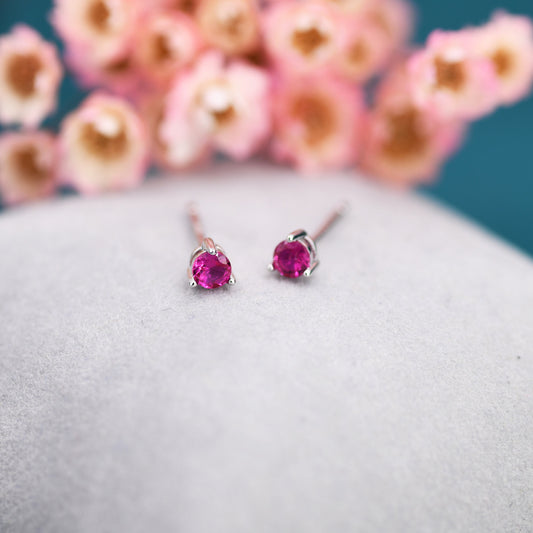 Ruby Pink CZ Stud Earrings in Sterling Silver, Silver or Gold, 3mm, Three Prong, Pink Stacking Earrings, July Birthstone