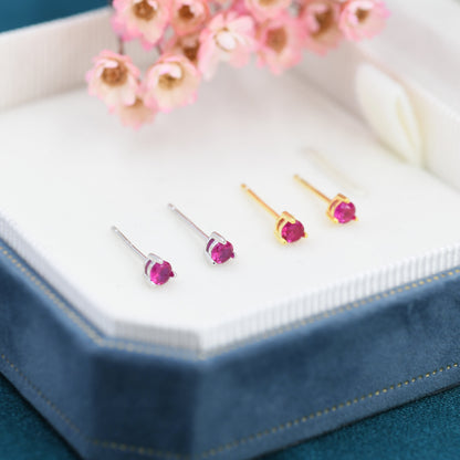 Ruby Pink CZ Stud Earrings in Sterling Silver, Silver or Gold, 3mm, Three Prong, Pink Stacking Earrings, July Birthstone