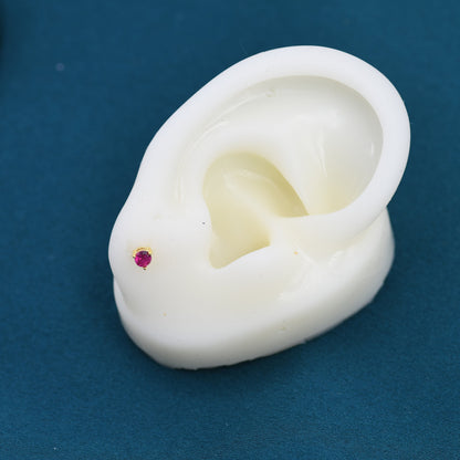 Ruby Pink CZ Stud Earrings in Sterling Silver, Silver or Gold, 3mm, Three Prong, Pink Stacking Earrings, July Birthstone