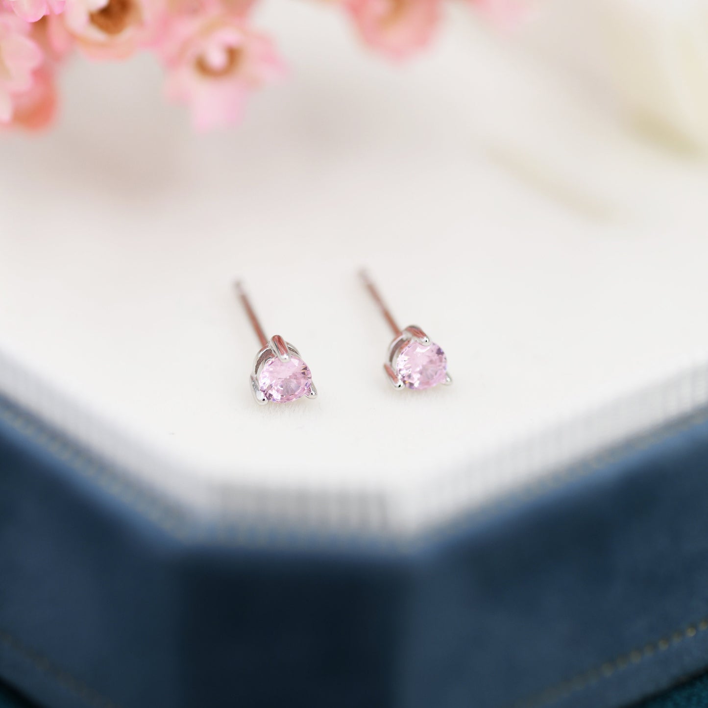 Pink CZ Stud Earrings in Sterling Silver, Silver or Gold, 3mm, Three Prong, Pink Stacking Earrings, October Birthstone