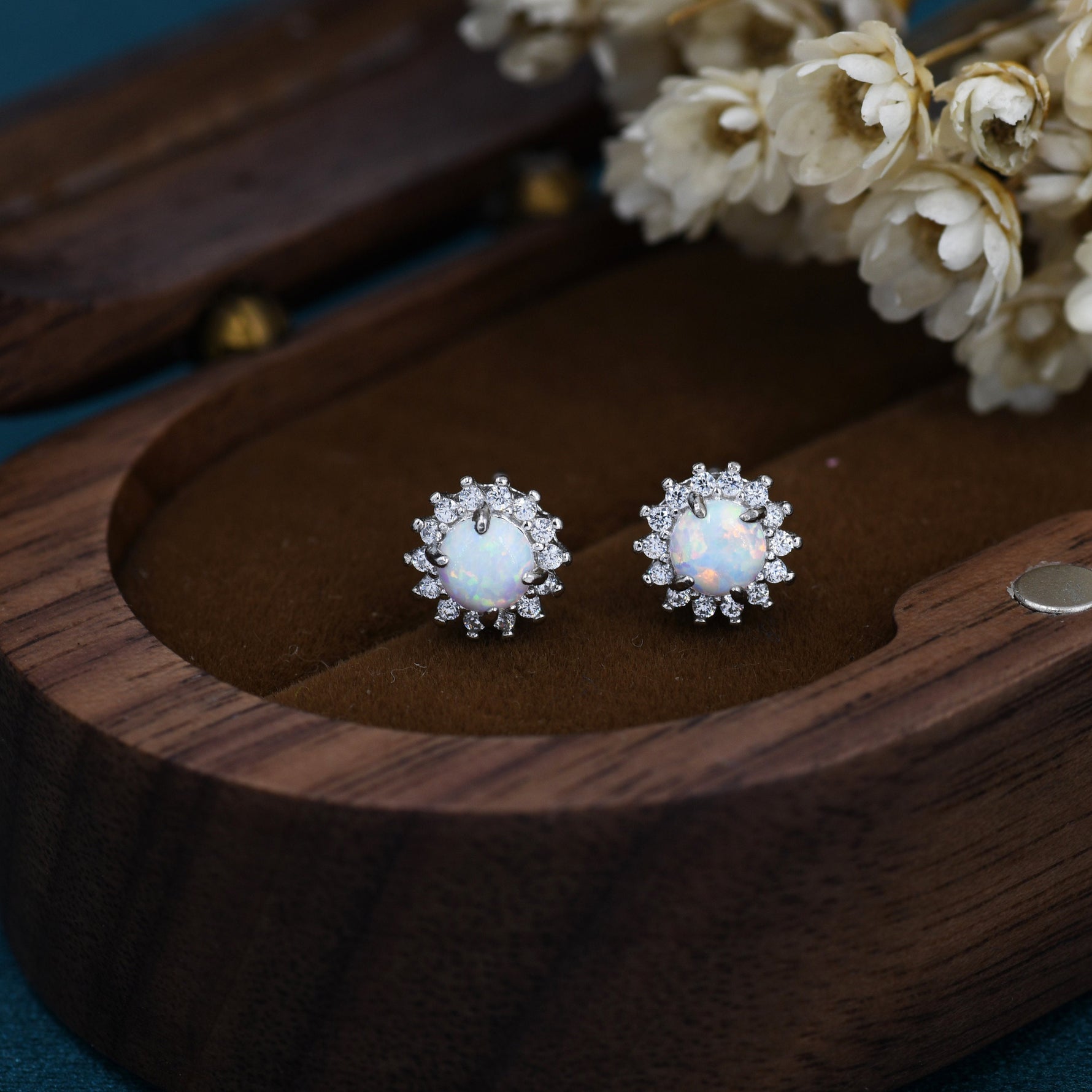 Opal CZ Halo Stud Earrings in Sterling Silver, Silver or Gold, Lab Opal and CZ Earrings, Opal Earrings