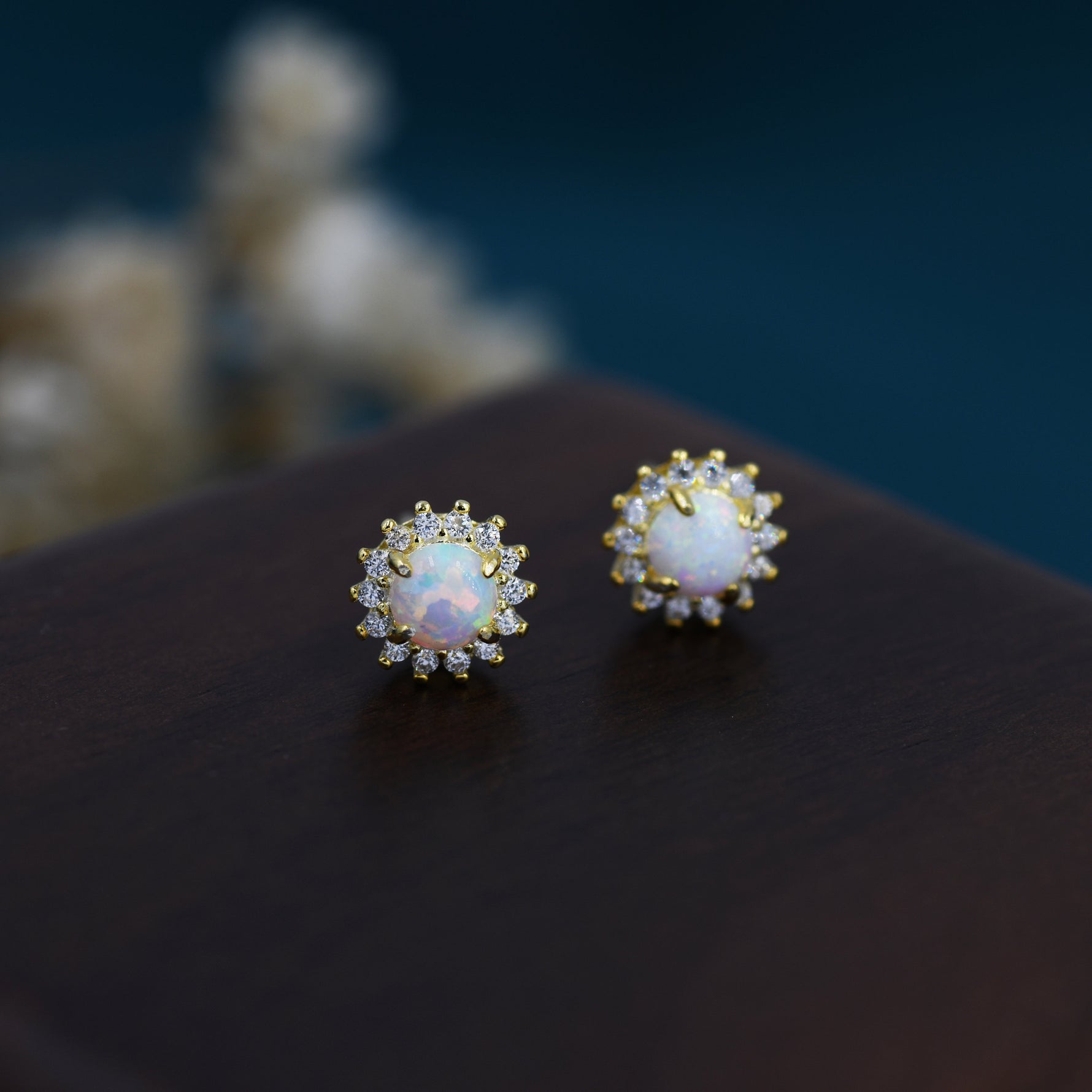 Opal CZ Halo Stud Earrings in Sterling Silver, Silver or Gold, Lab Opal and CZ Earrings, Opal Earrings