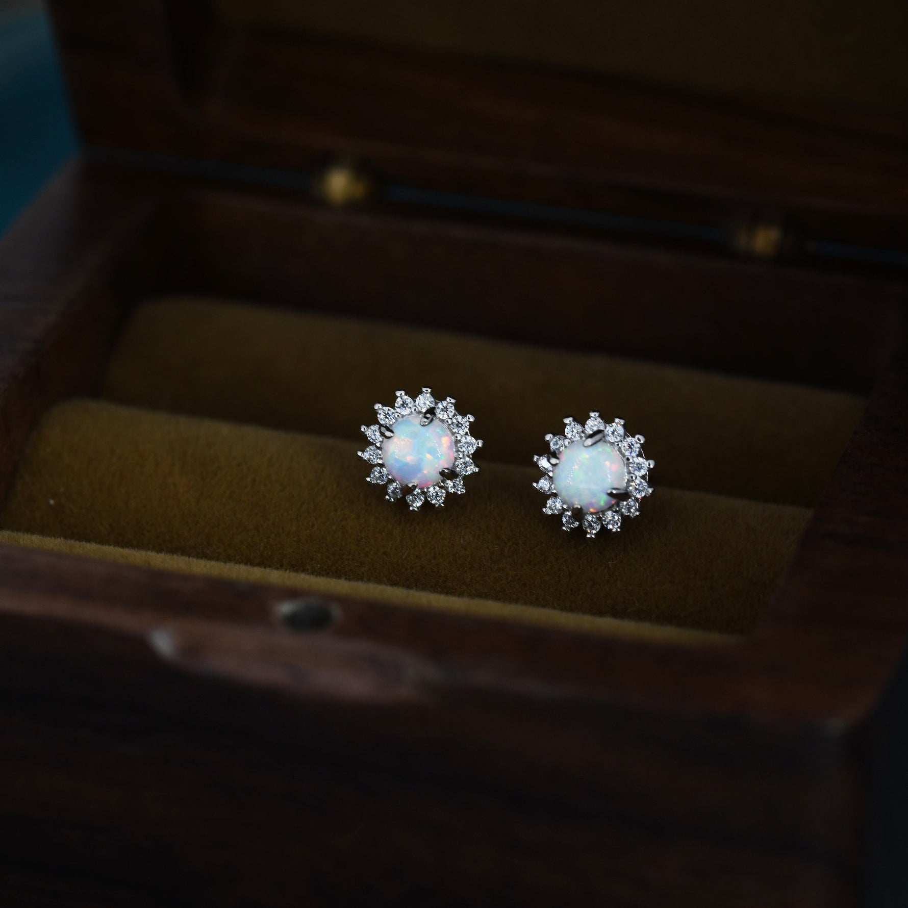 Opal CZ Halo Stud Earrings in Sterling Silver, Silver or Gold, Lab Opal and CZ Earrings, Opal Earrings