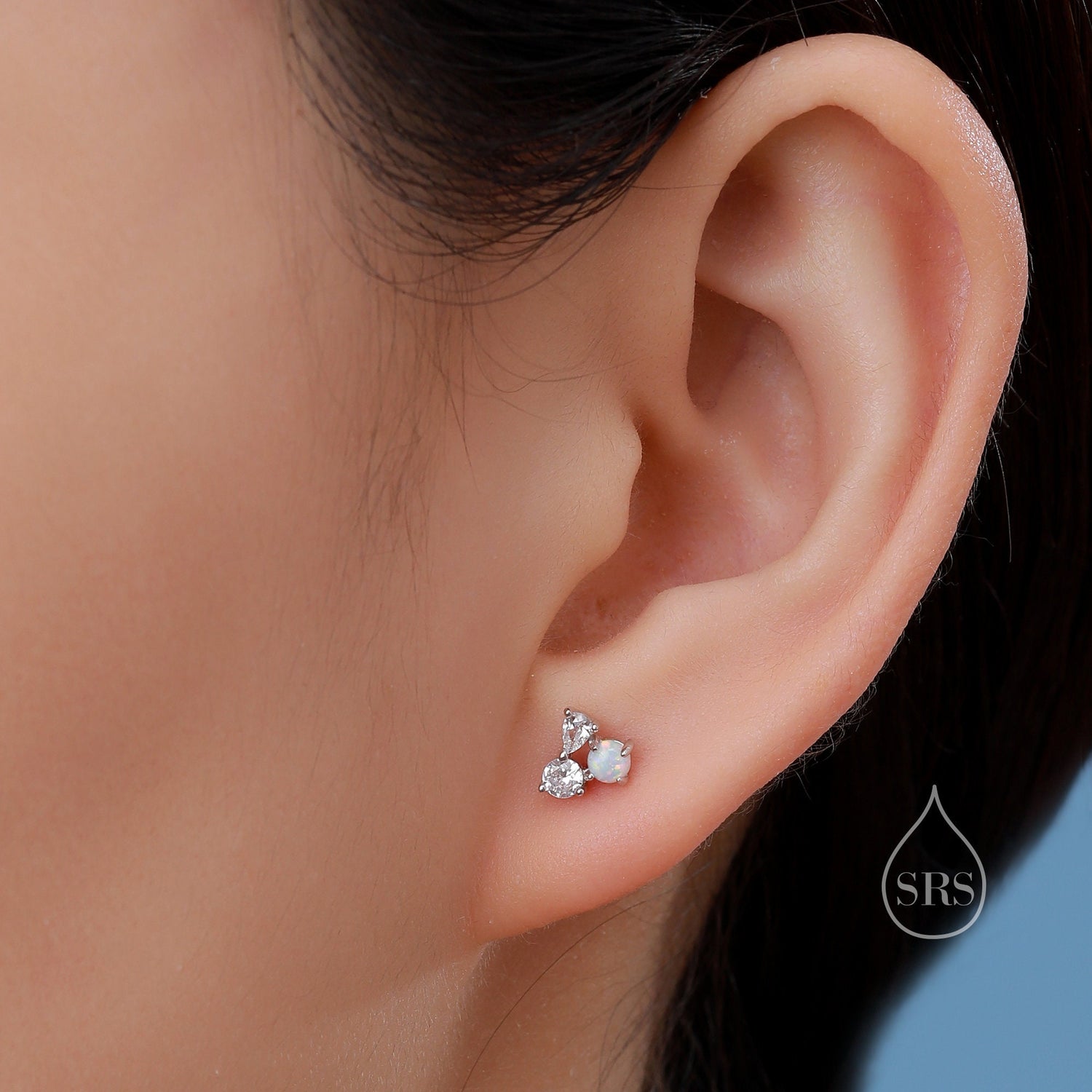 Opal and CZ Cluster Stud Earrings in Sterling Silver, Simulated Opal, Opal Earrings