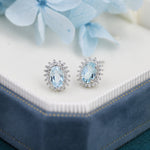 Genuine Swiss Blue Topaz Crystal Stud Earrings in Sterling Silver, Natural Blue Topaz Oval Stud Earrings