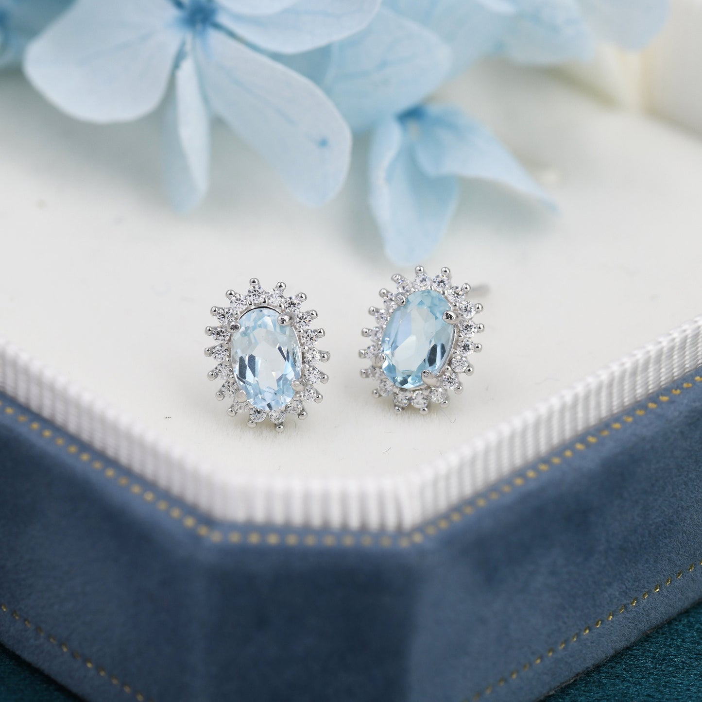 Genuine Swiss Blue Topaz Crystal Stud Earrings in Sterling Silver, Natural Blue Topaz Oval Stud Earrings