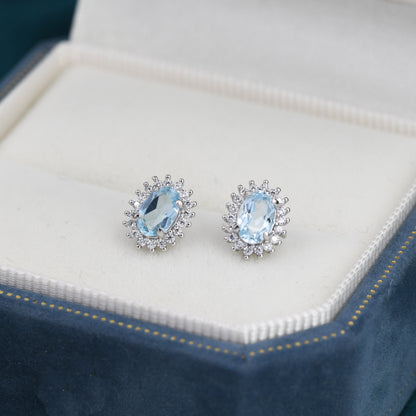 Genuine Swiss Blue Topaz Crystal Stud Earrings in Sterling Silver, Natural Blue Topaz Oval Stud Earrings