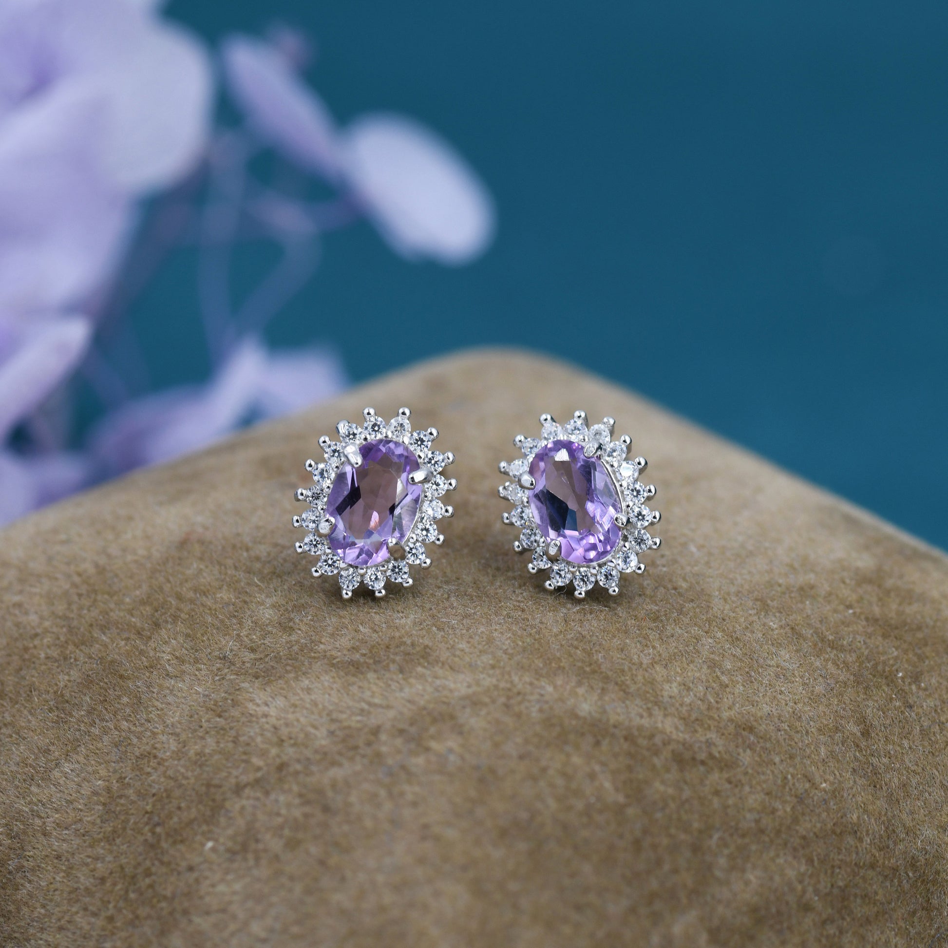 Genuine Amethyst Purple Crystal Stud Earrings in Sterling Silver, Natural Purple Amethyst Oval Stud Earrings