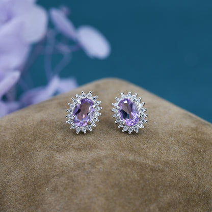 Genuine Amethyst Purple Crystal Stud Earrings in Sterling Silver, Natural Purple Amethyst Oval Stud Earrings