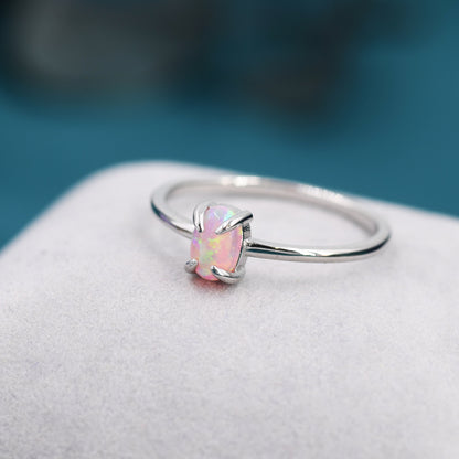 Pink Opal Oval Ring in Sterling Silver, US 5 - 8, 4x6mm, Lab Opal Stone Ring, Pink Opal Ring