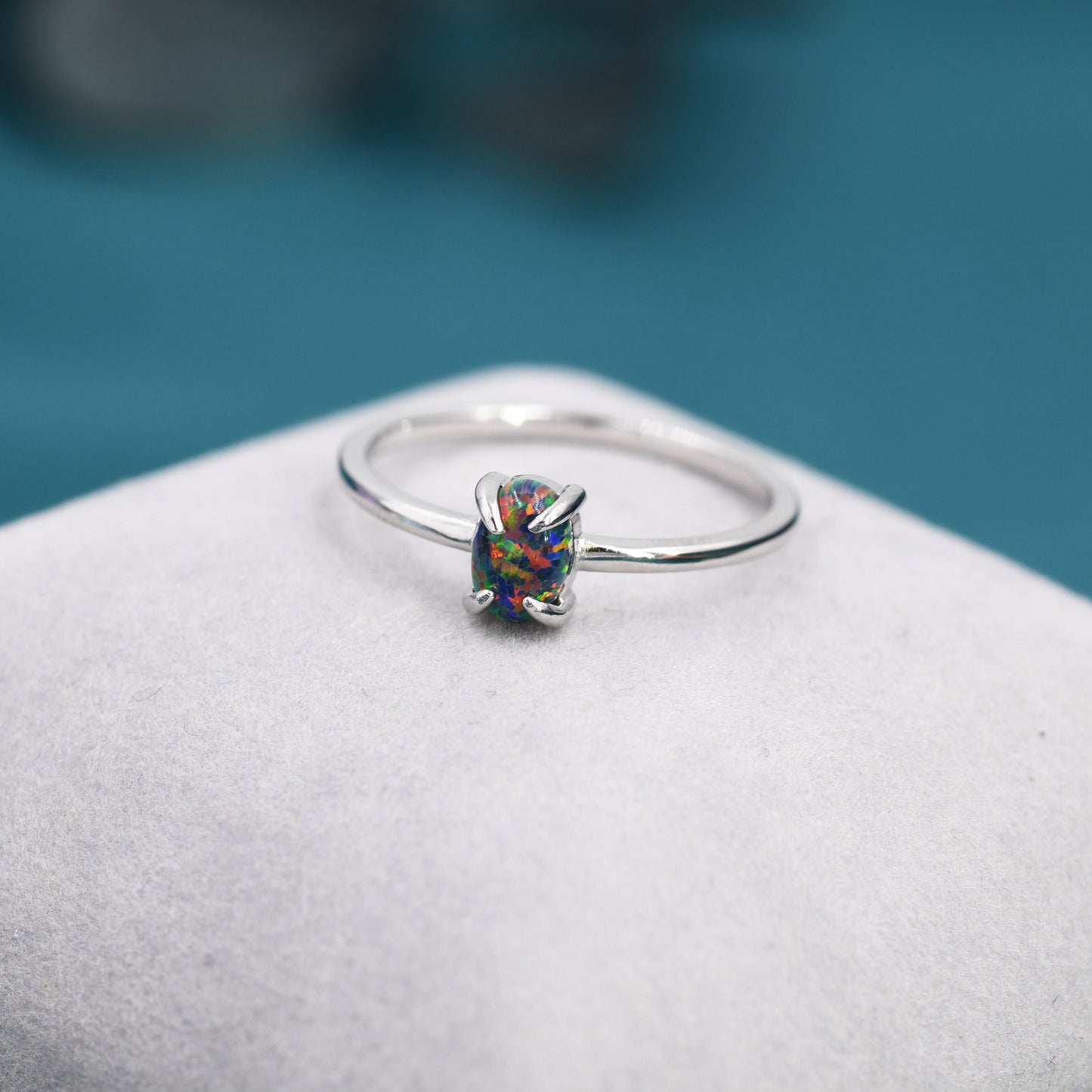 Black Opal Oval Ring in Sterling Silver, US 5 - 8, 4x6mm, Lab Opal Stone Ring, Black Opal Ring