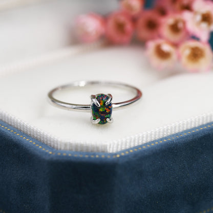 Black Opal Oval Ring in Sterling Silver, US 5 - 8, 4x6mm, Lab Opal Stone Ring, Black Opal Ring