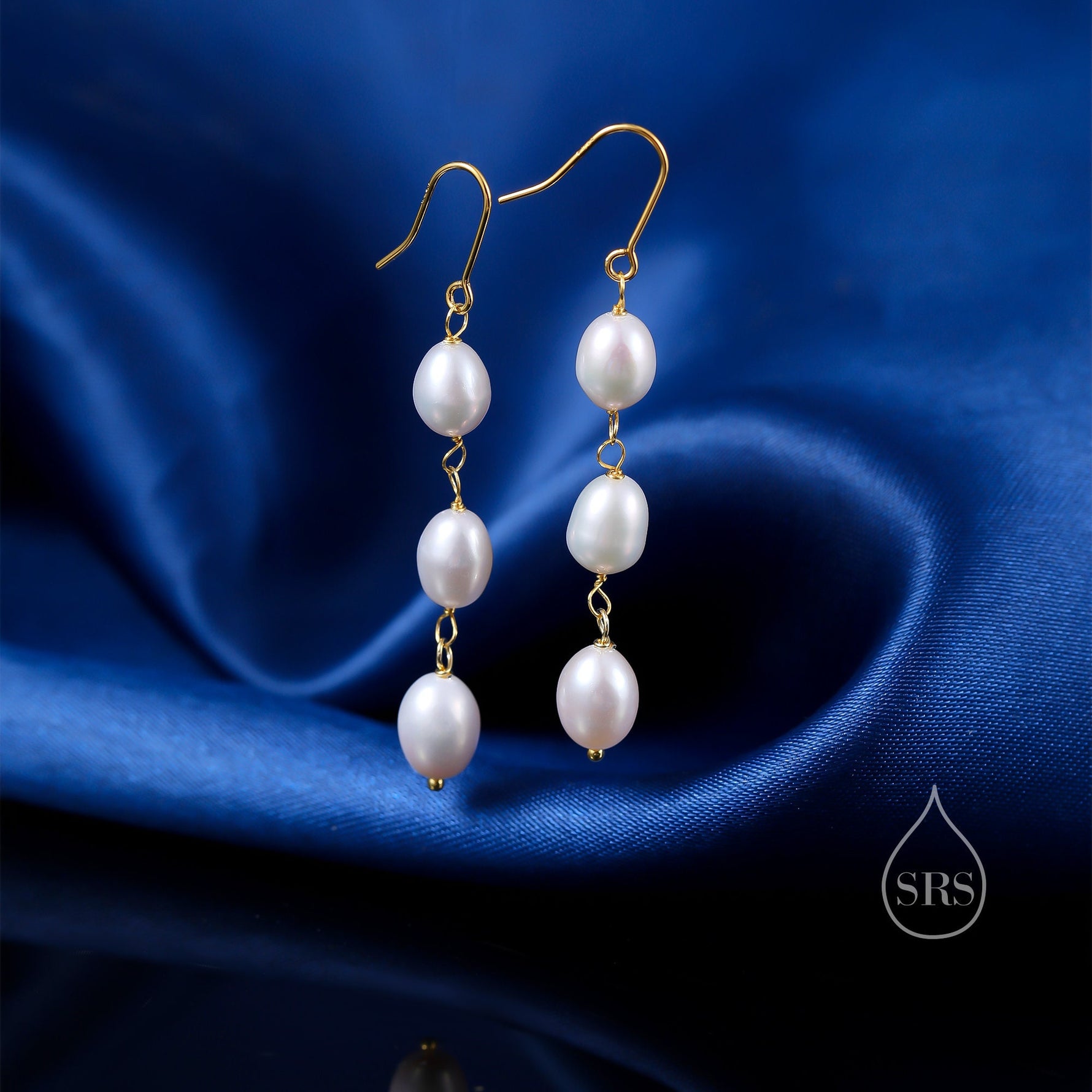 Baroque Pearl Trio Drop Hook Earrings in Sterling Silver, Silver or Gold, Long Pearl Drop Earrings, Natural Keshi Freshwater Pearl Earrings