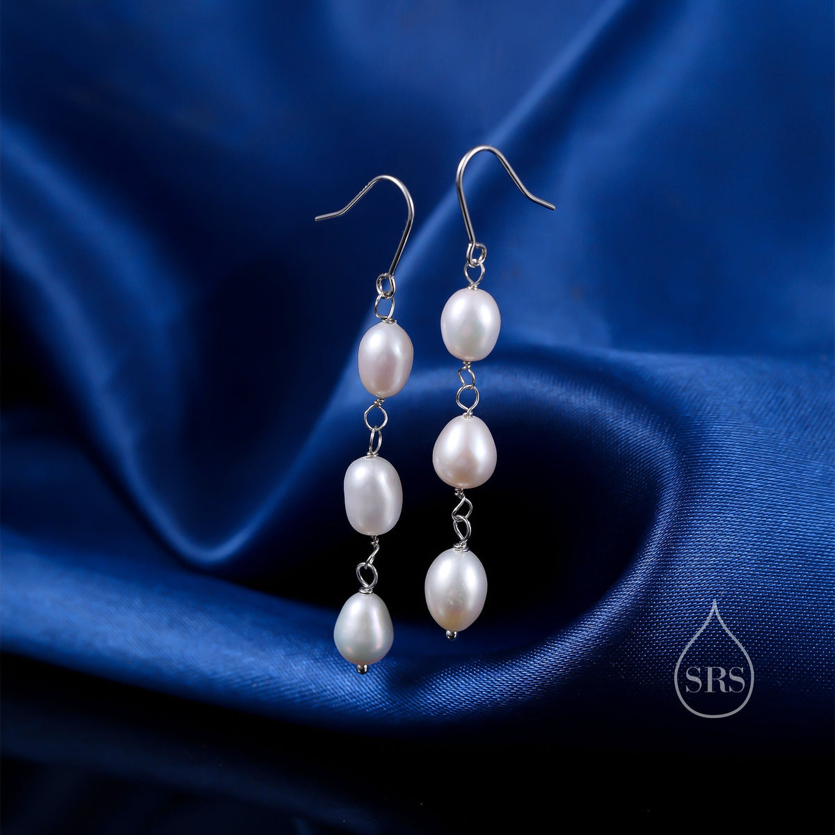Baroque Pearl Trio Drop Hook Earrings in Sterling Silver, Silver or Gold, Long Pearl Drop Earrings, Natural Keshi Freshwater Pearl Earrings