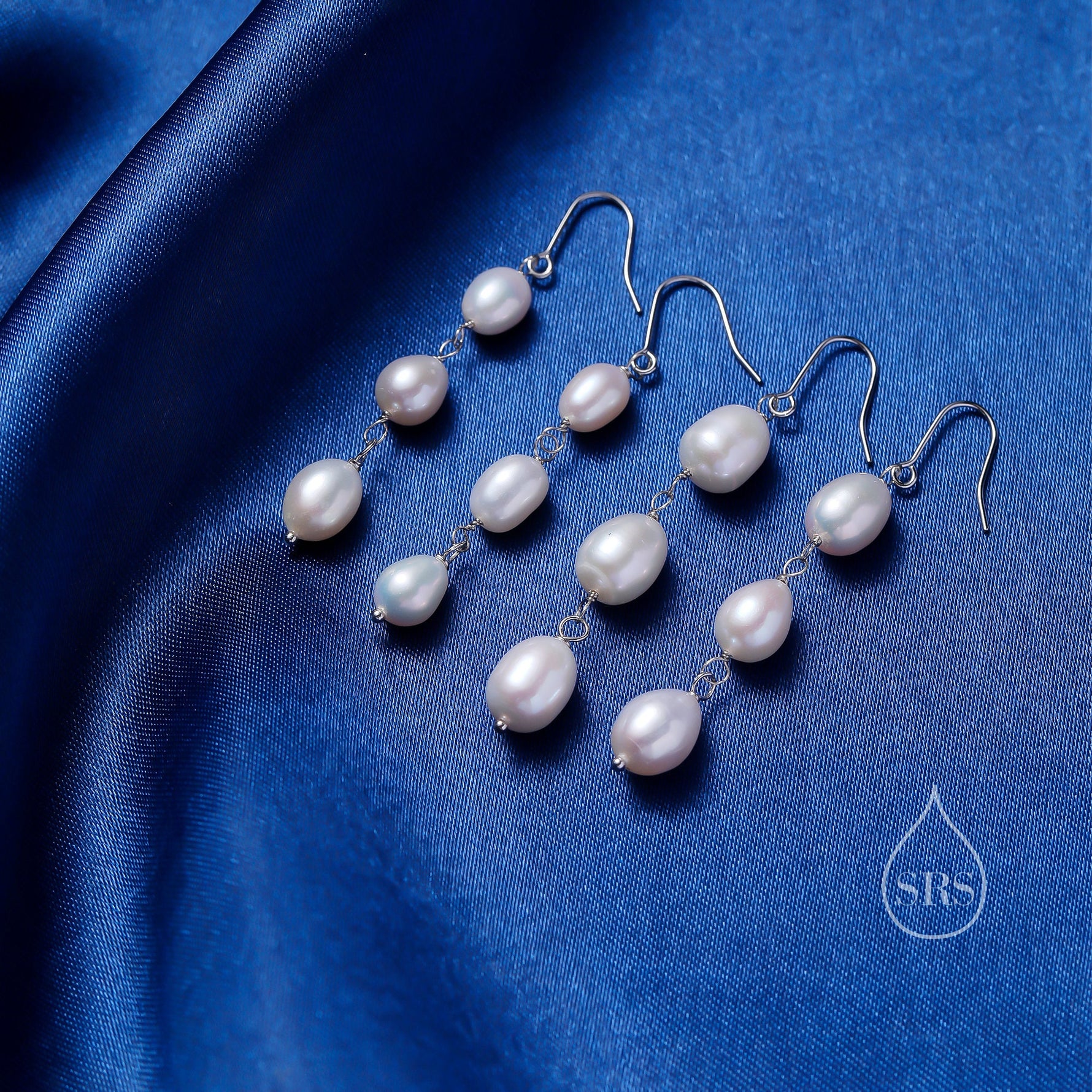 Baroque Pearl Trio Drop Hook Earrings in Sterling Silver, Silver or Gold, Long Pearl Drop Earrings, Natural Keshi Freshwater Pearl Earrings
