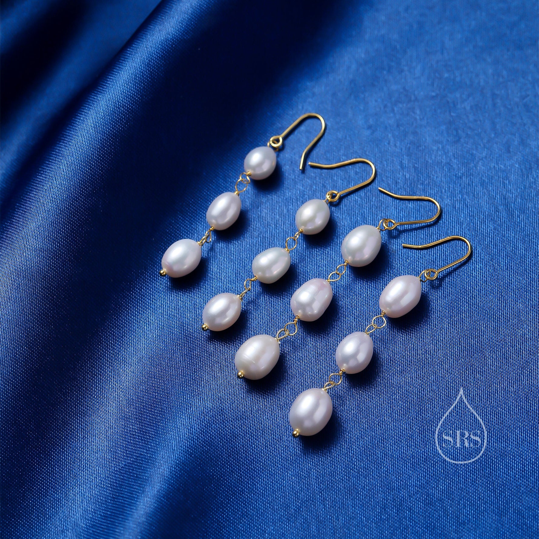 Baroque Pearl Trio Drop Hook Earrings in Sterling Silver, Silver or Gold, Long Pearl Drop Earrings, Natural Keshi Freshwater Pearl Earrings