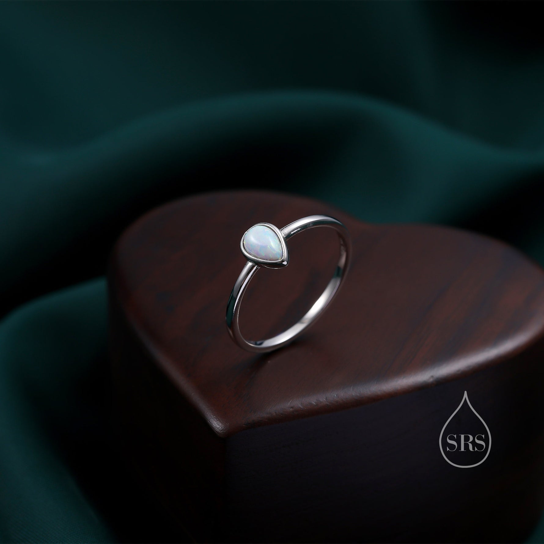 Fire Opal Droplet Ring in Sterling Silver, US 5 - 8, 4x6mm, Lab Opal Stone Ring, White Opal Ring
