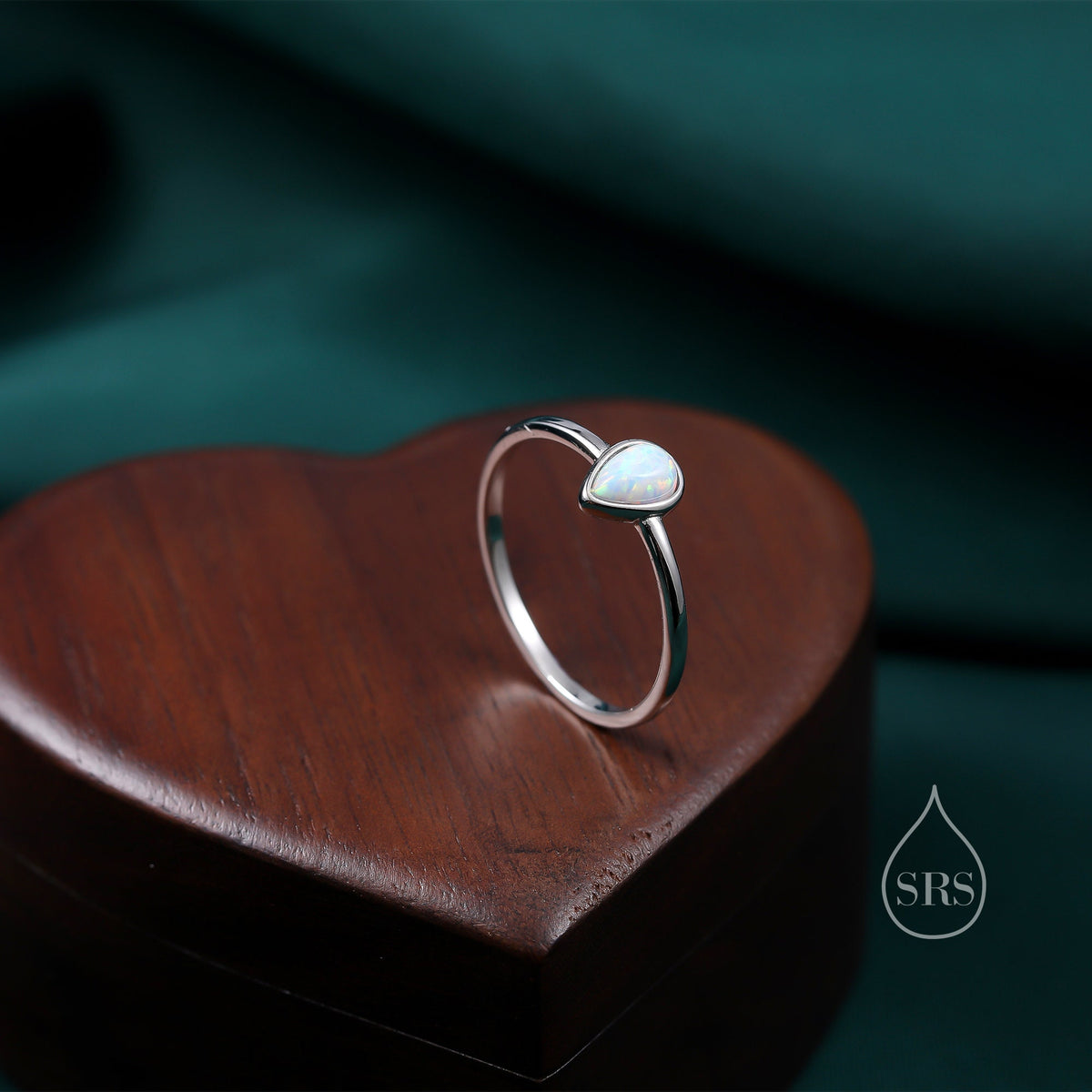 Fire Opal Droplet Ring in Sterling Silver, US 5 - 8, 4x6mm, Lab Opal Stone Ring, White Opal Ring