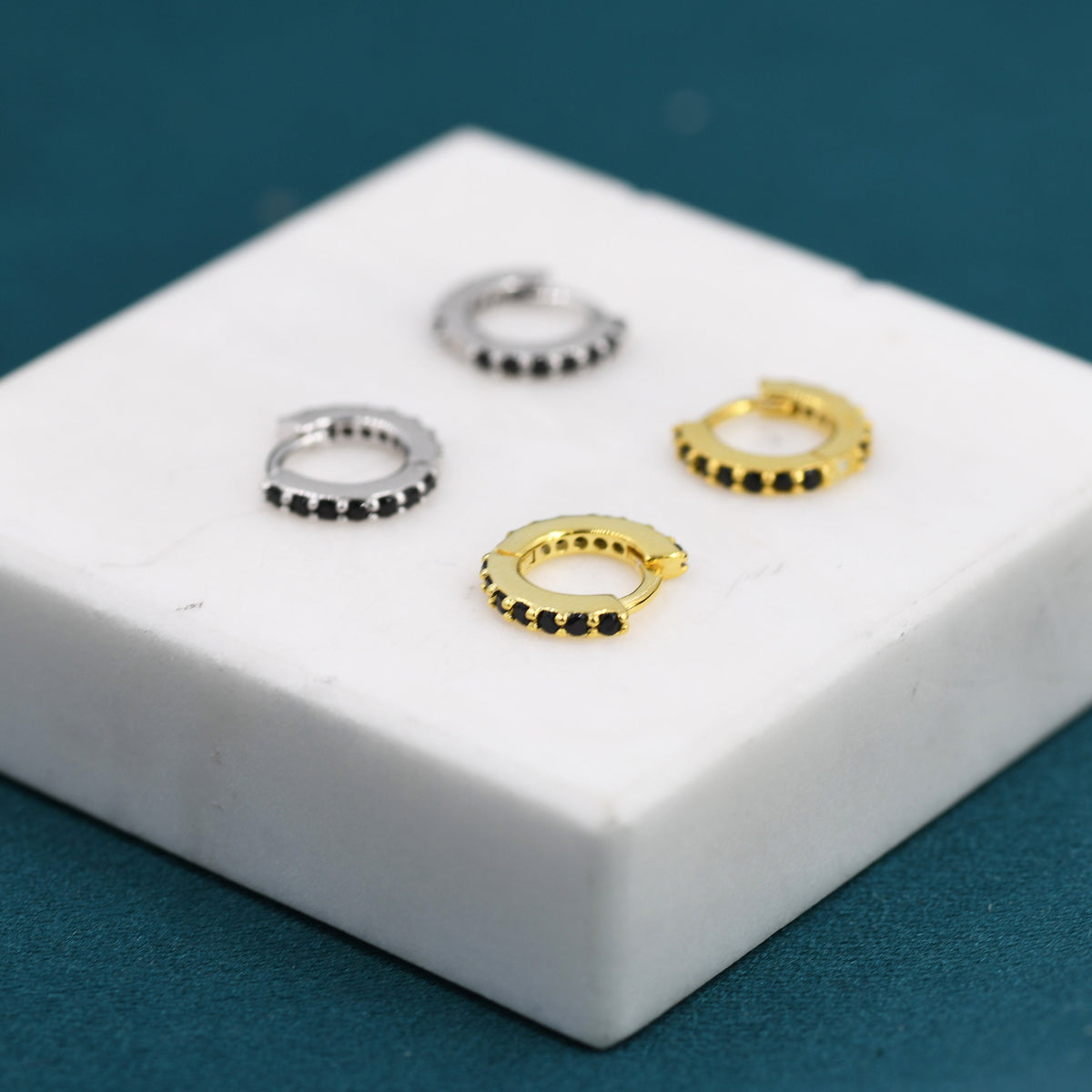 6mm Onyx Black CZ Crystal Huggie Hoops in Sterling Silver, Silver or Gold, Minimalist Hoop Earrings, Cartilage Hoops