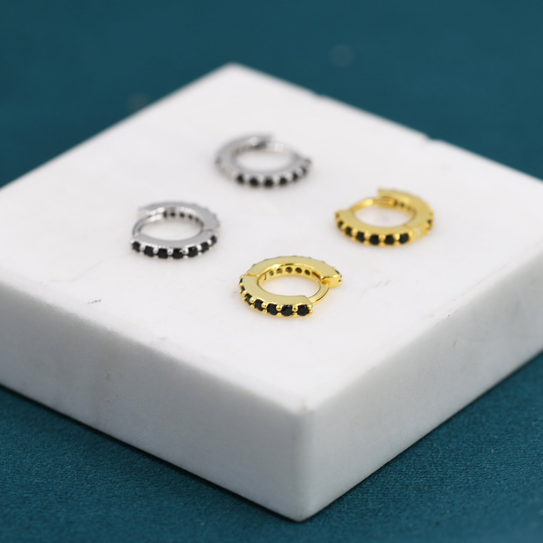 6mm Onyx Black CZ Crystal Huggie Hoops in Sterling Silver, Silver or Gold, Minimalist Hoop Earrings, Cartilage Hoops