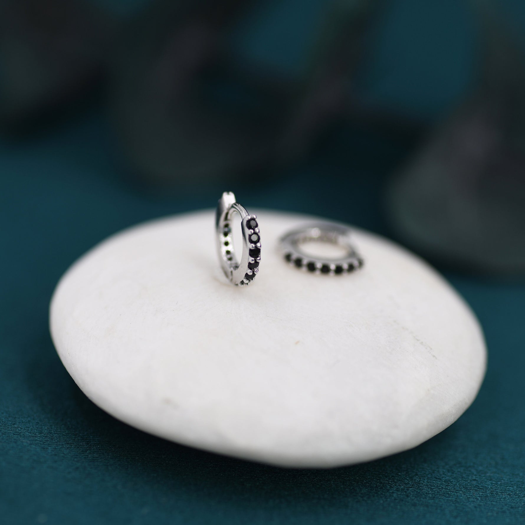 6mm Onyx Black CZ Crystal Huggie Hoops in Sterling Silver, Silver or Gold, Minimalist Hoop Earrings, Cartilage Hoops