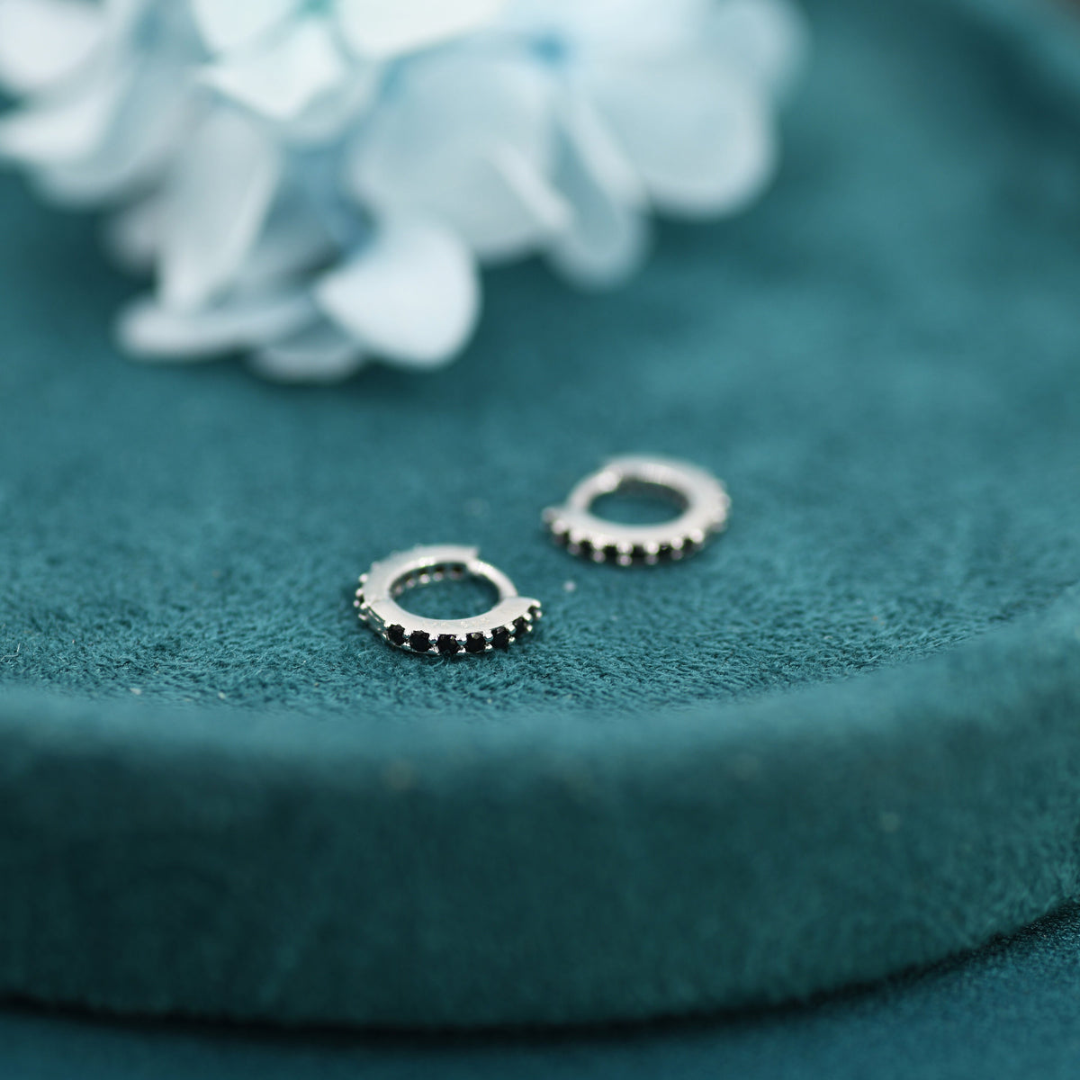 6mm Onyx Black CZ Crystal Huggie Hoops in Sterling Silver, Silver or Gold, Minimalist Hoop Earrings, Cartilage Hoops