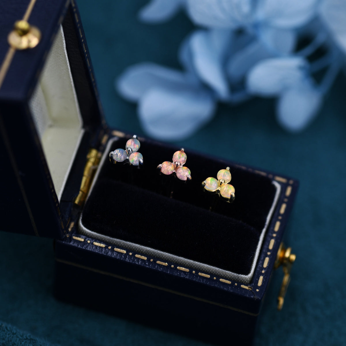 Opal Trio Stud Earrings in Sterling Silver, Silver, Gold or Rose Gold, Dainty Three Dot Opal Earrings