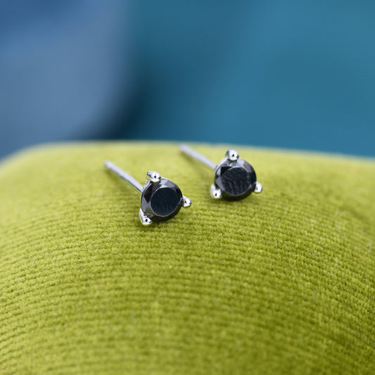 4mm Black Diamond Stud Earrings in Sterling Silver, Simulated Black Diamond Stud, Tiny Black Earrings, Three Prong Earrings,