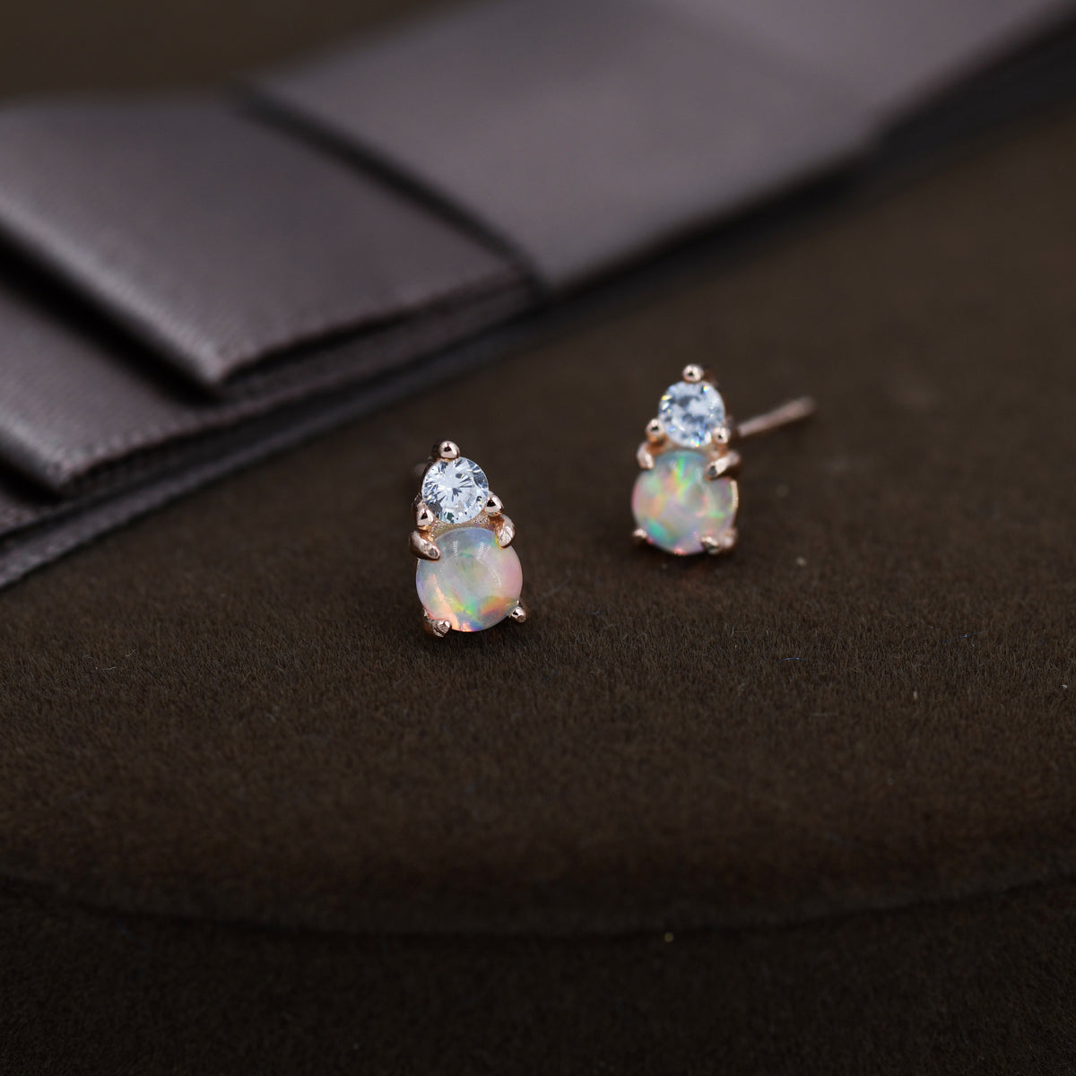 Opal with CZ Stud Earrings in Sterling Silver, Silver, Gold or Rose Gold, Vintage Inspired
