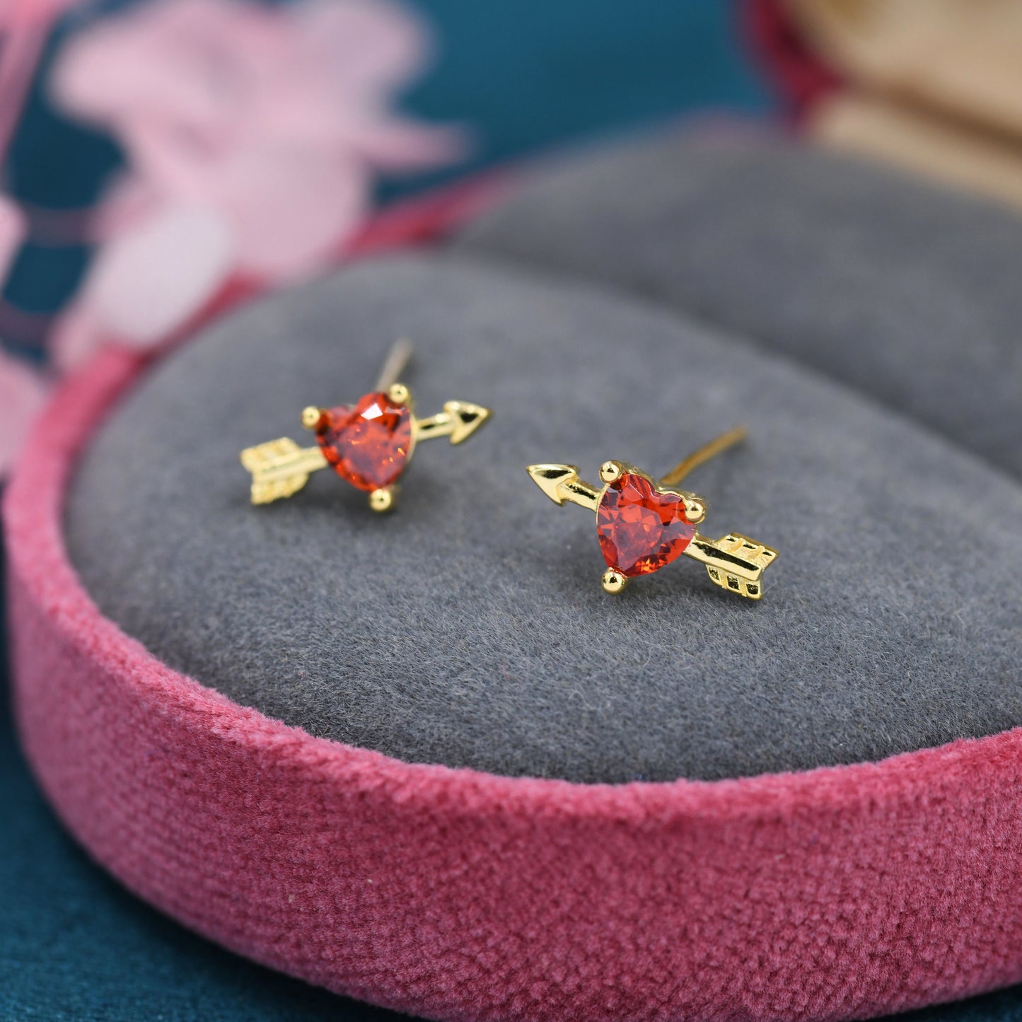 Red Heart Arrow Stud Earrings in Sterling Silver, Silver or Gold, Red CZ Crystal Struck Heart Earrings, Arrow Earrings