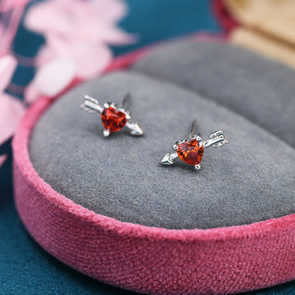 Red Heart Arrow Stud Earrings in Sterling Silver, Silver or Gold, Red CZ Crystal Struck Heart Earrings, Arrow Earrings