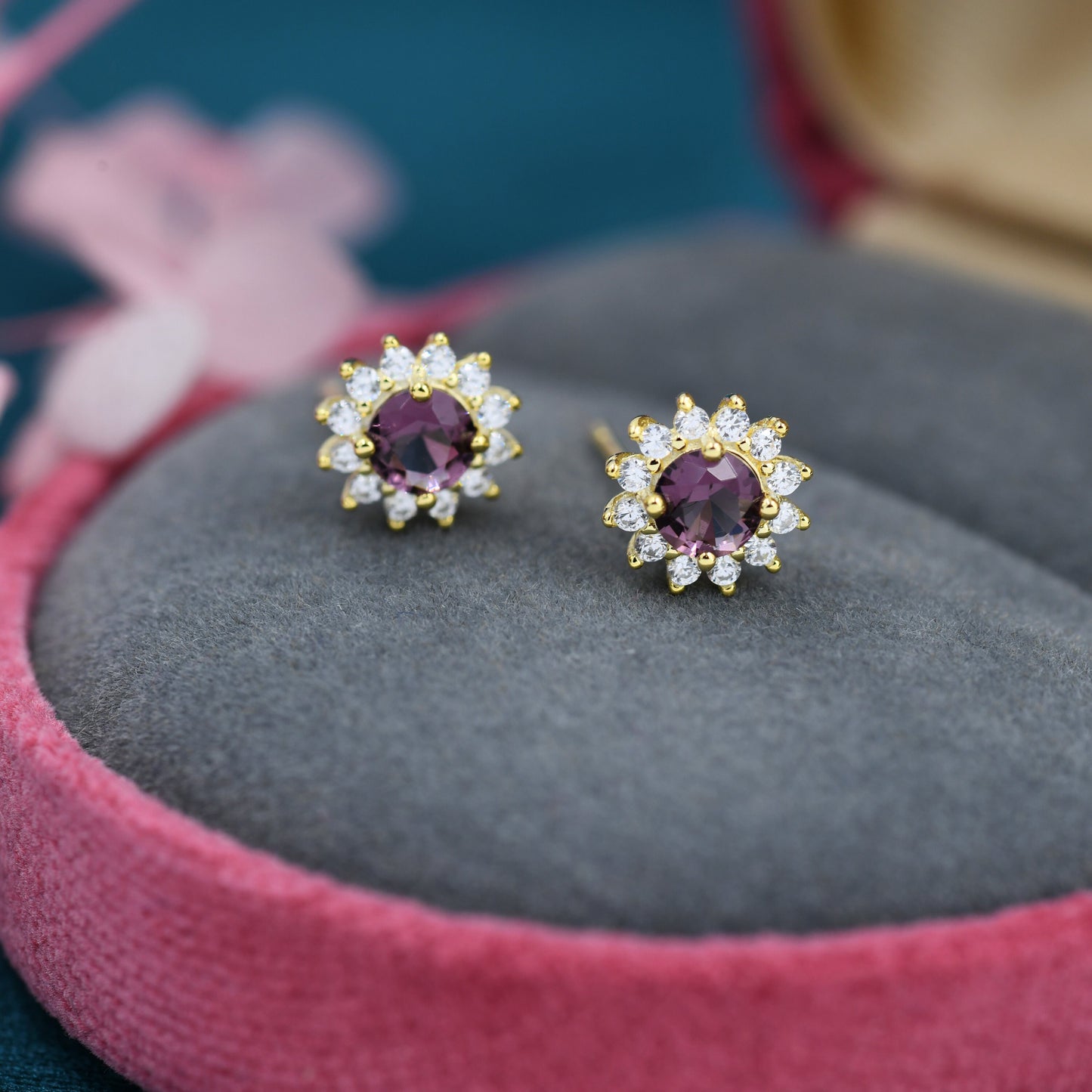 Amethyst Flower Stud Earrings in Sterling Silver, Gold or Silver, Simulated Amethyst Purple CZ Earrings, Purple CZ Flower Earrings