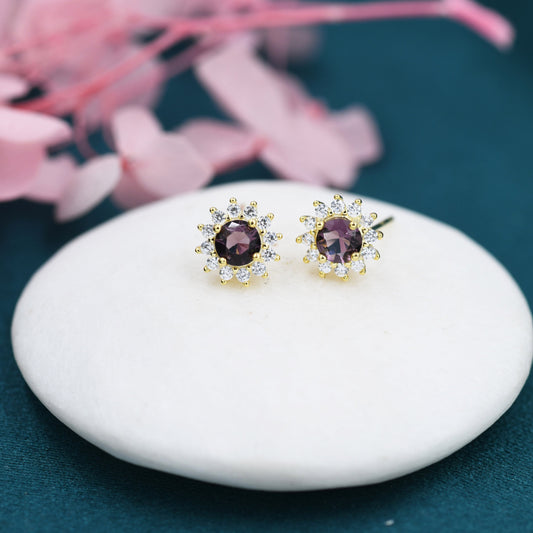 Amethyst Flower Stud Earrings in Sterling Silver, Gold or Silver, Simulated Amethyst Purple CZ Earrings, Purple CZ Flower Earrings