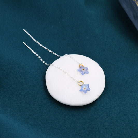 Real Forget-Me-Not Flower Tiny Ear Threaders in Sterling Silver, Real Flower Threader Earrings, Resin Flower Jewellery - Blue