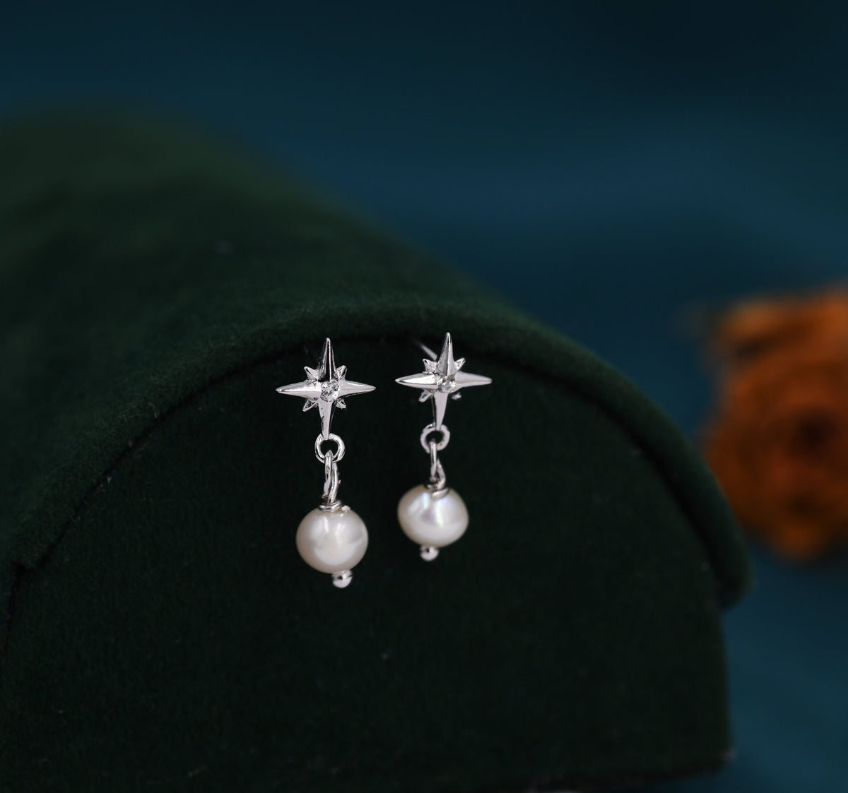 Tiny Starburst and Dangle Pearl Stud Earrings in Sterling Silver, Silver, Gold or Rose Gold, Star Earrings, Sunburst Earrings, Celestial