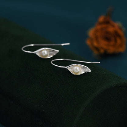 Sterling Silver Calla Lily Flower Hook Earrings with Fresh Water Pearls, Nature Inspired Pretty and Elegant Jewellery