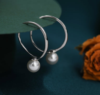 Large Pearl Open Hoop Earrings in Sterling Silver, Silver or Gold, Large Balance Pearl Pull Through Threaders, 20mm Hoops, Organic Shape