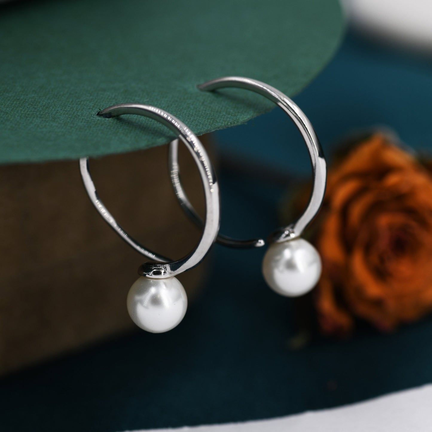 Large Pearl Open Hoop Earrings in Sterling Silver, Silver or Gold, Large Balance Pearl Pull Through Threaders, 20mm Hoops, Organic Shape