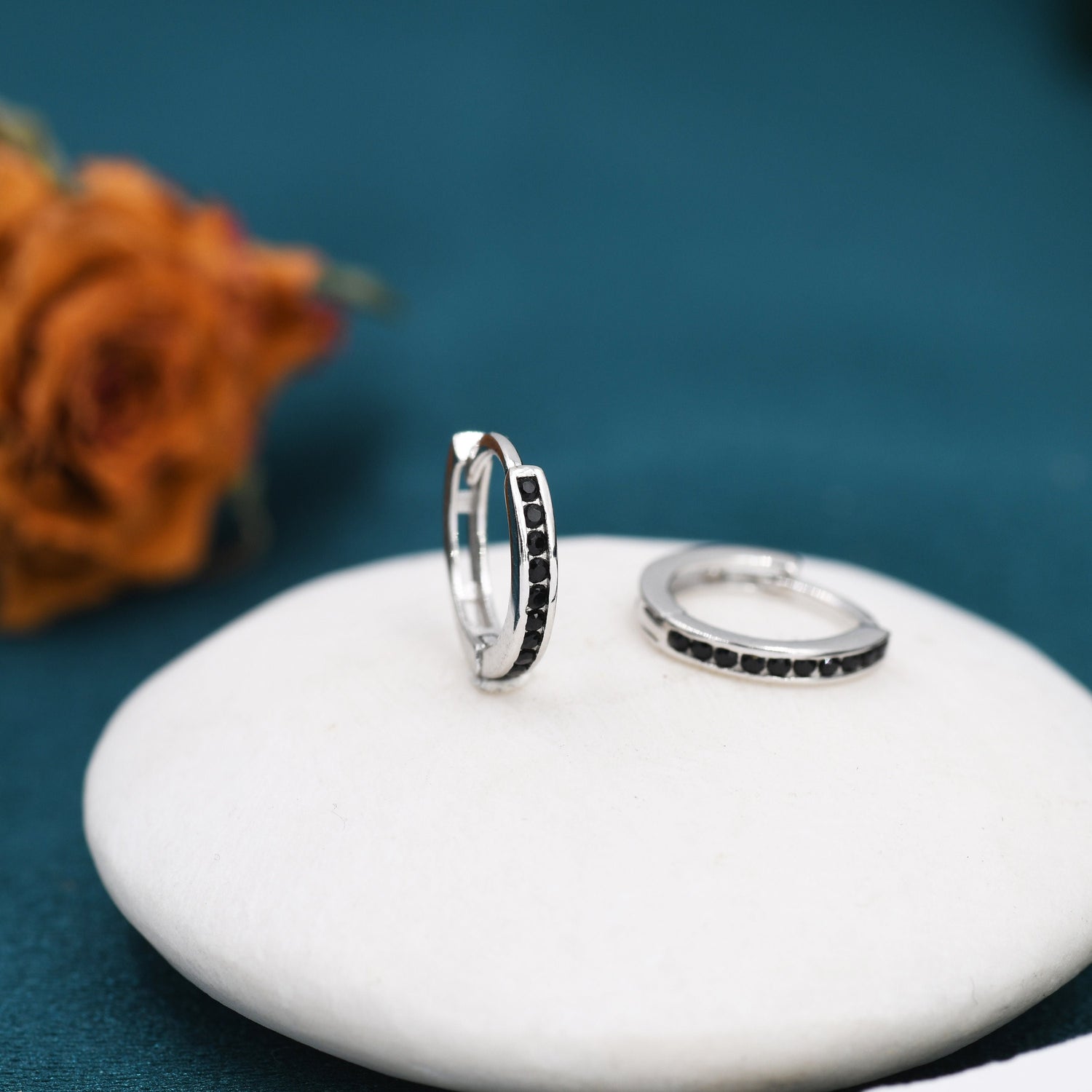 Extra Skinny Black CZ Huggie Hoop in Sterling Silver, Silver or Gold, 8mm Inner Diameter Hoop Earrings, May Birthstone