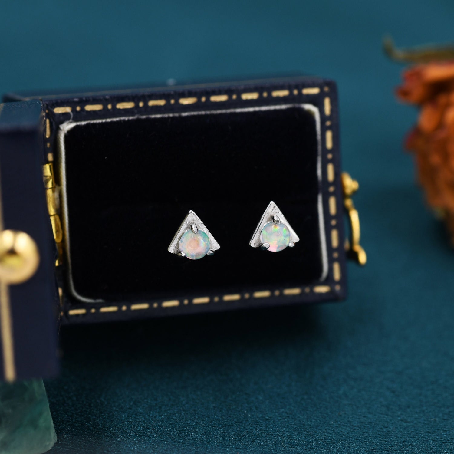 Tiny Opal Triangle Stud Earrings in Sterling Silver, Silver, Gold or Rose Gold, V shape Earrings