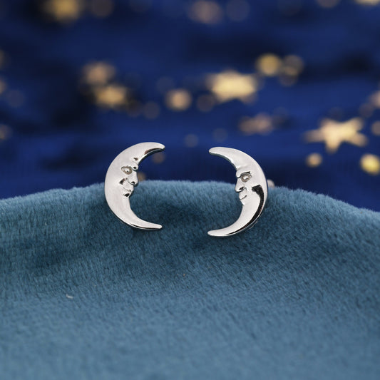 Man in the Moon Stud Earrings in Sterling Silver - Moon Face Earrings - Gold or Silver - Cute, Fun, Whimsical and Pretty Jewellery